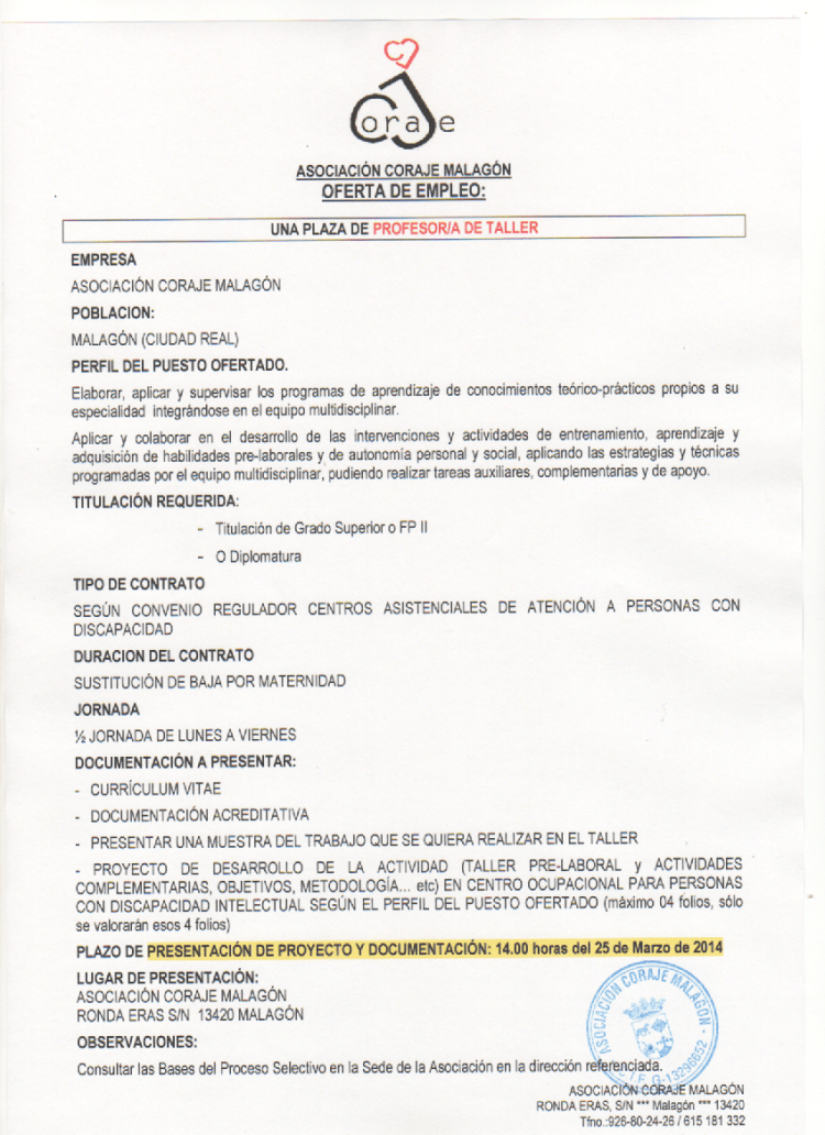 CONVOCATORIA PUESTO TRABAJO